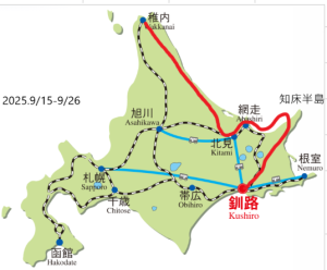 北海道自駕路線圖，以紅線標出稚內出發，經旭川、北見與知床前往釧路的路線